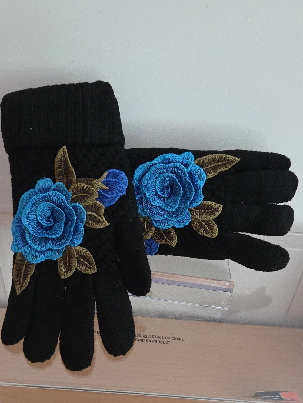 Black Knit Gloves with Blue Rose Embroidery, New Size Sm-med